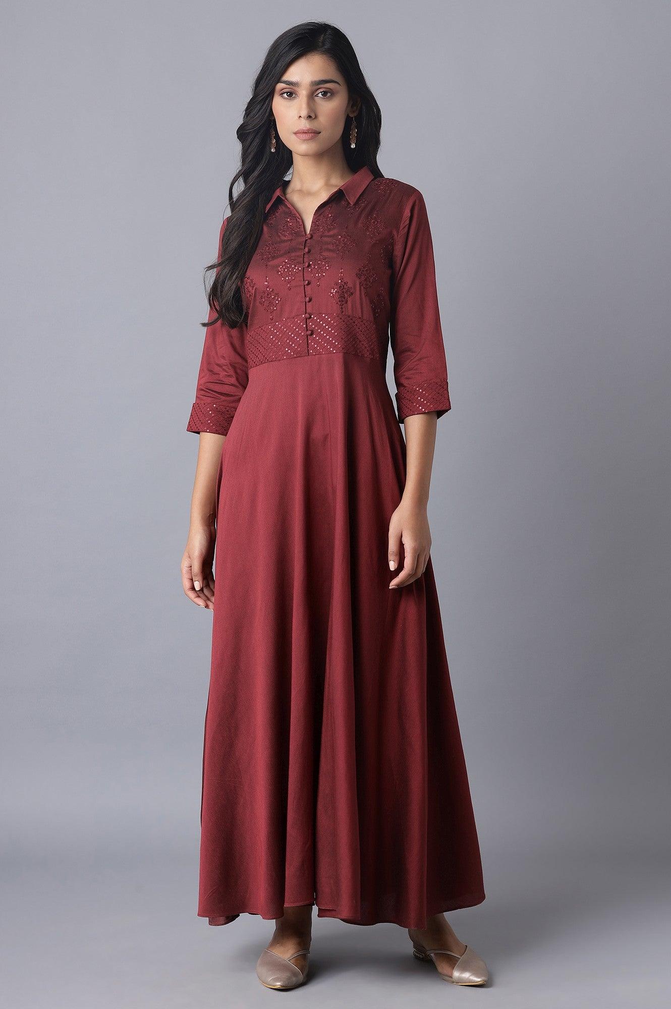 W for Woman Red Embroidered Flared Shirt Dress