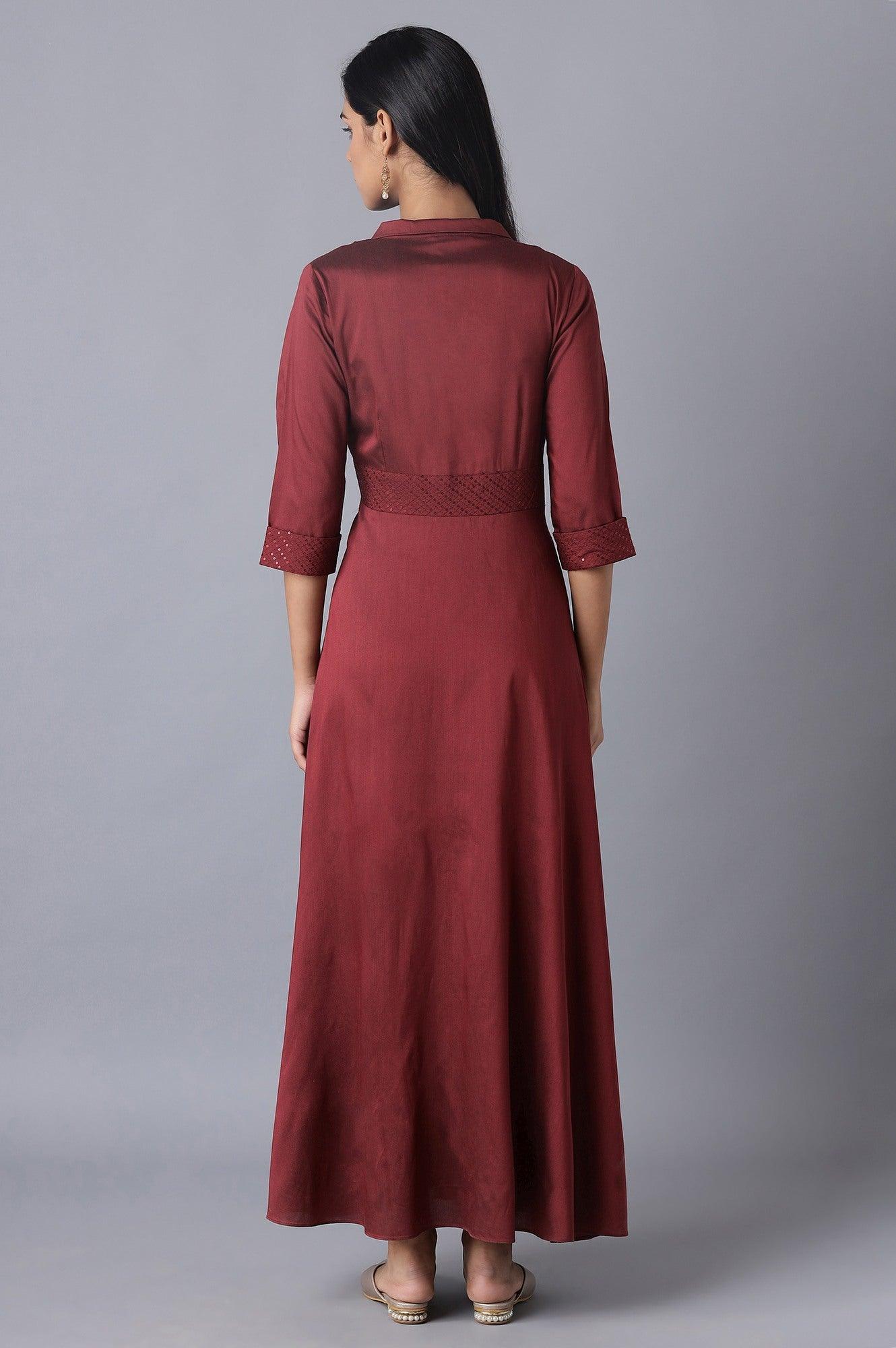 W for Woman Red Embroidered Flared Shirt Dress
