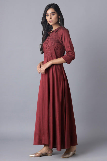 W for Woman Red Embroidered Flared Shirt Dress