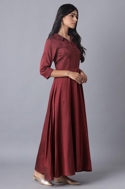 W for Woman Red Embroidered Flared Shirt Dress