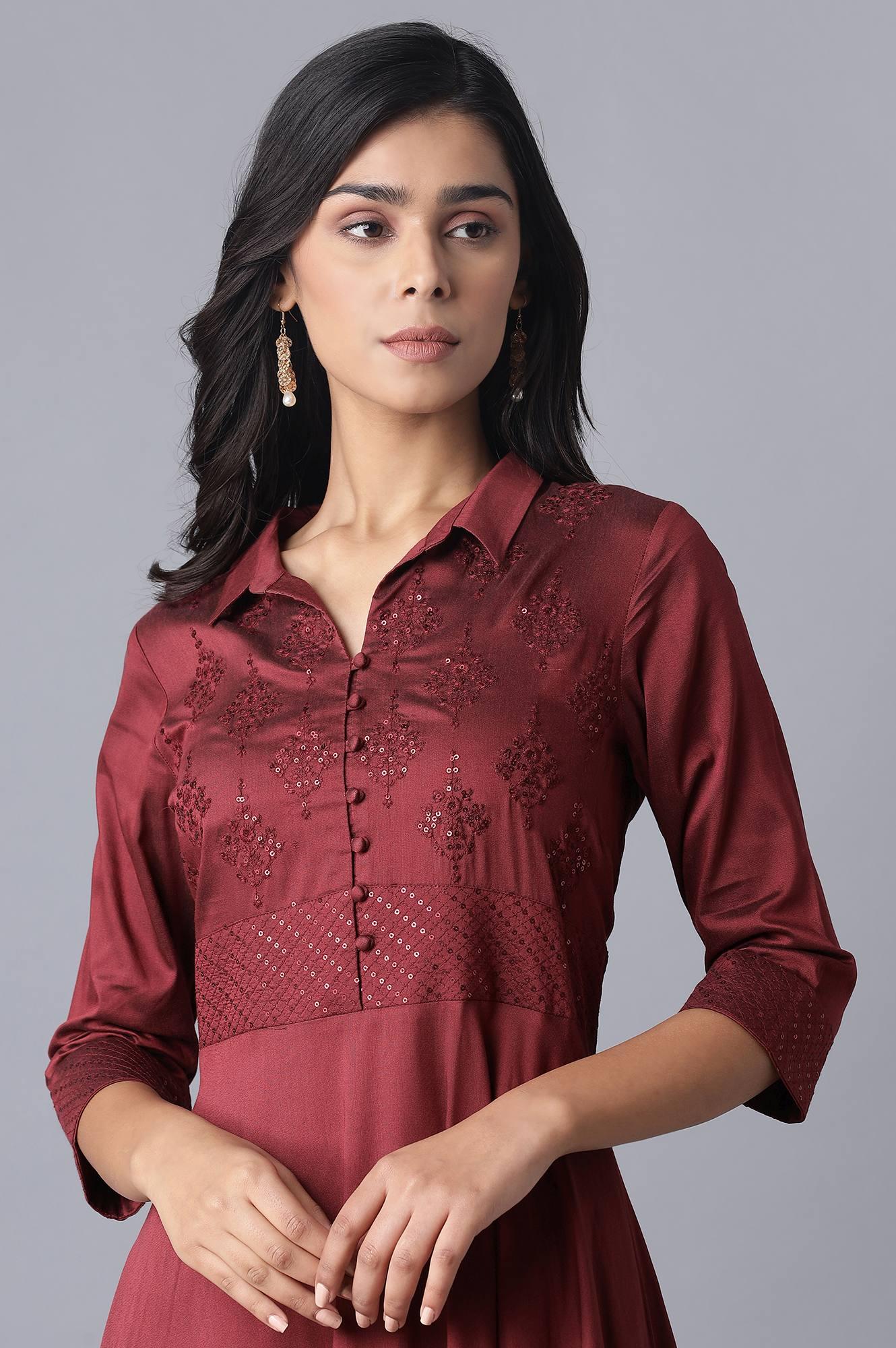 W for Woman Red Embroidered Flared Shirt Dress