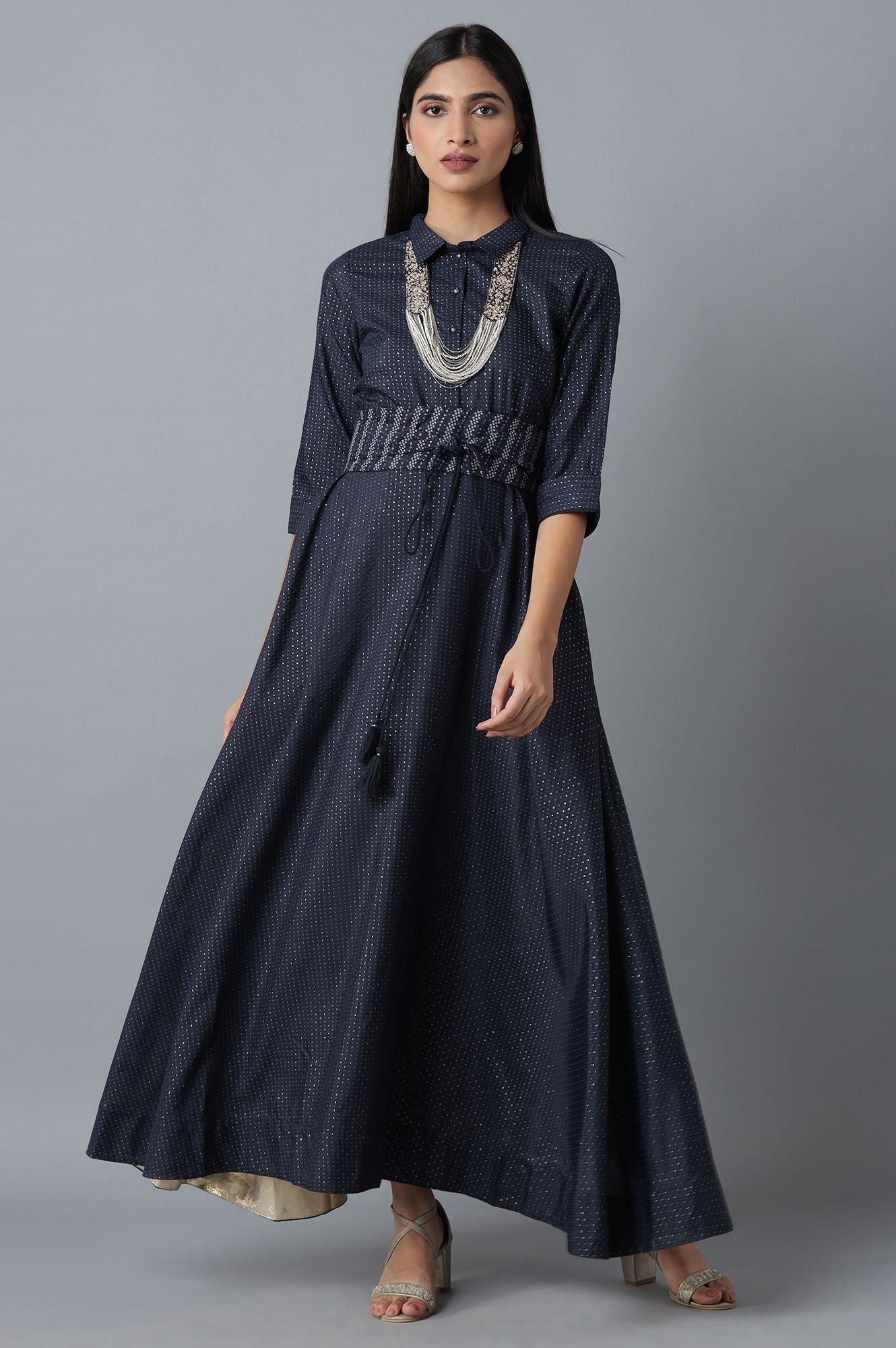 W for Woman Dark Blue Dress in Polka Print