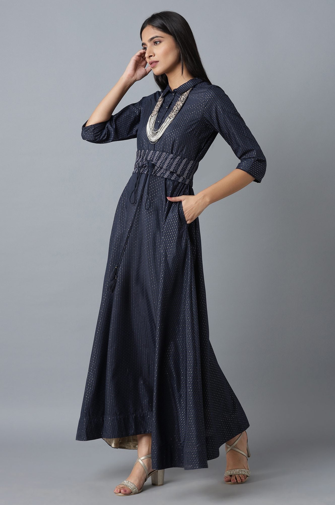 W for Woman Dark Blue Dress in Polka Print