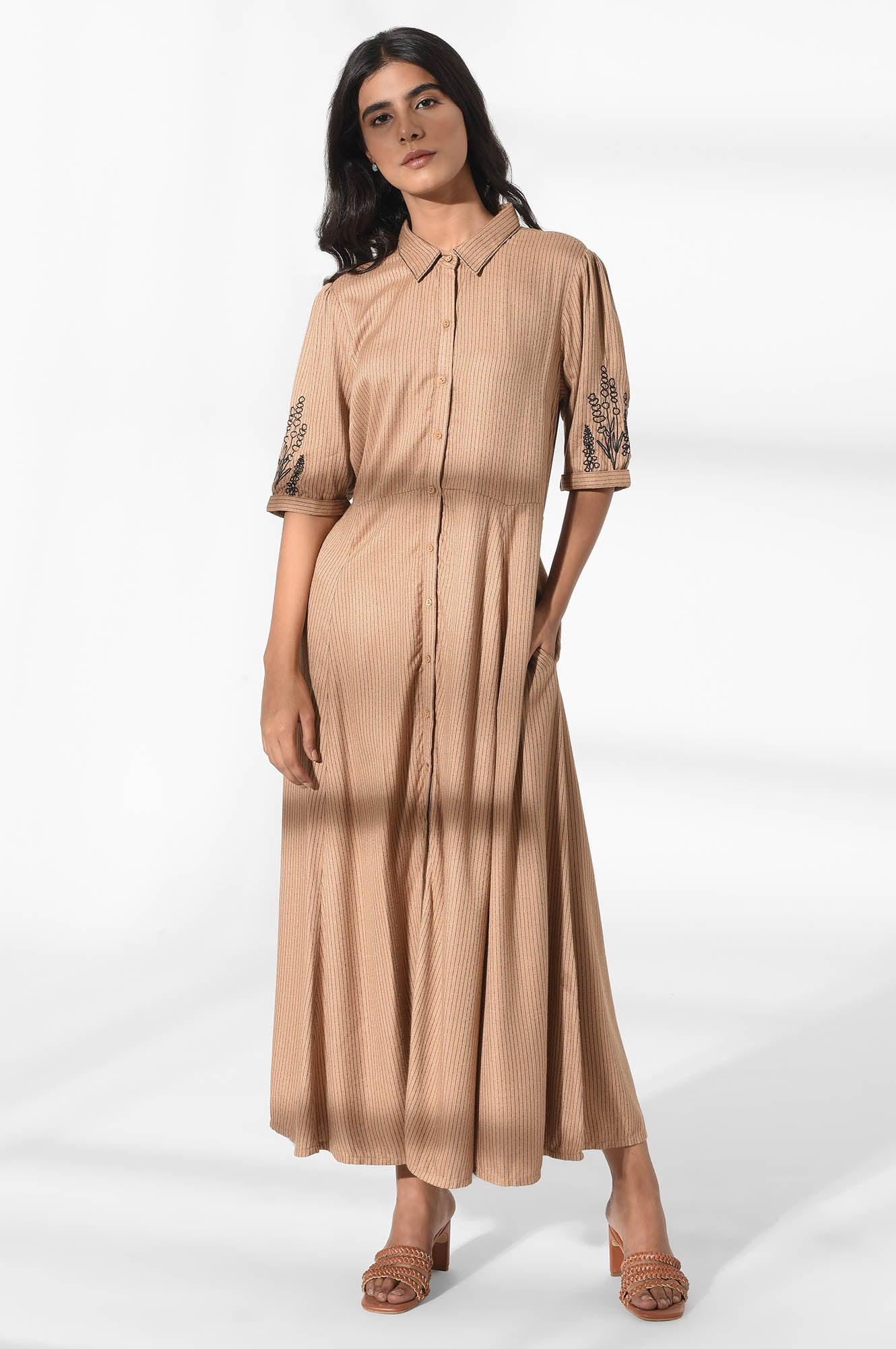 W for Woman Tan Brown Shirt Dress with Embroidery