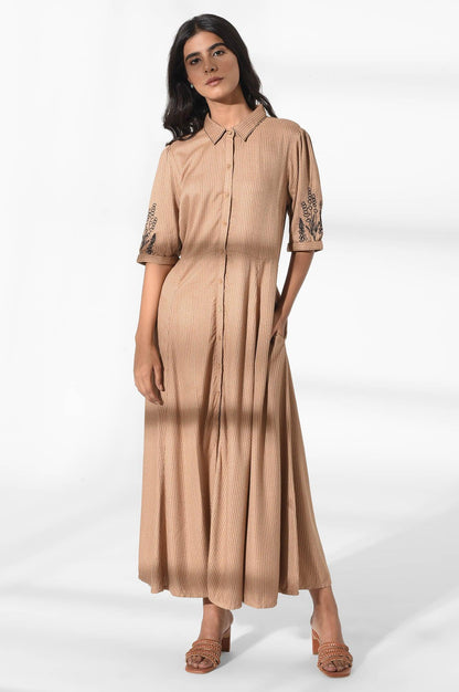 W for Woman Tan Brown Shirt Dress with Embroidery
