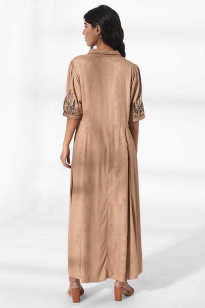 W for Woman Tan Brown Shirt Dress with Embroidery