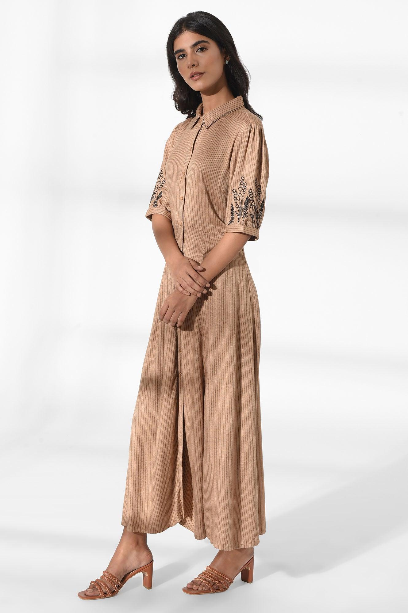 W for Woman Tan Brown Shirt Dress with Embroidery