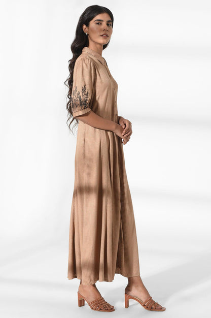 W for Woman Tan Brown Shirt Dress with Embroidery