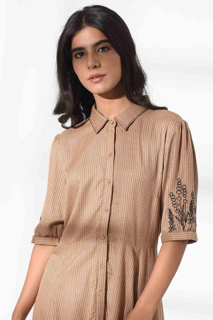 W for Woman Tan Brown Shirt Dress with Embroidery