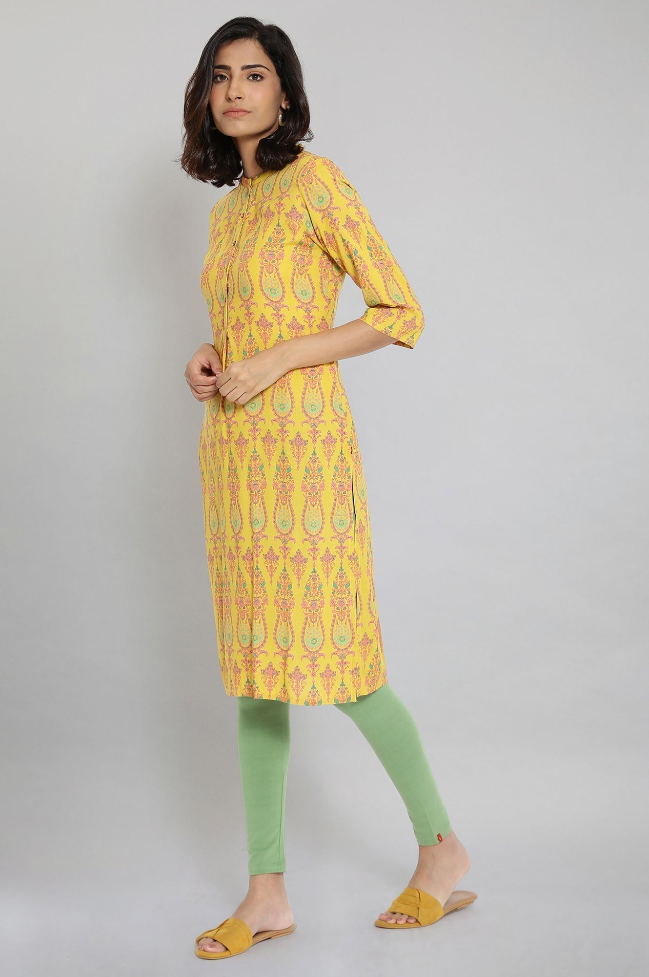 W for Woman Mustard Printed Button Down kurta