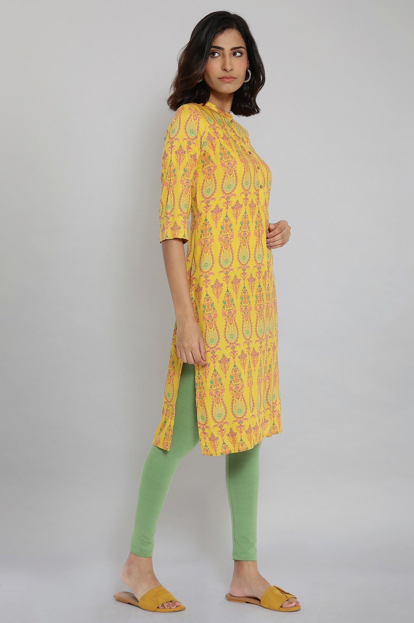 W for Woman Mustard Printed Button Down kurta