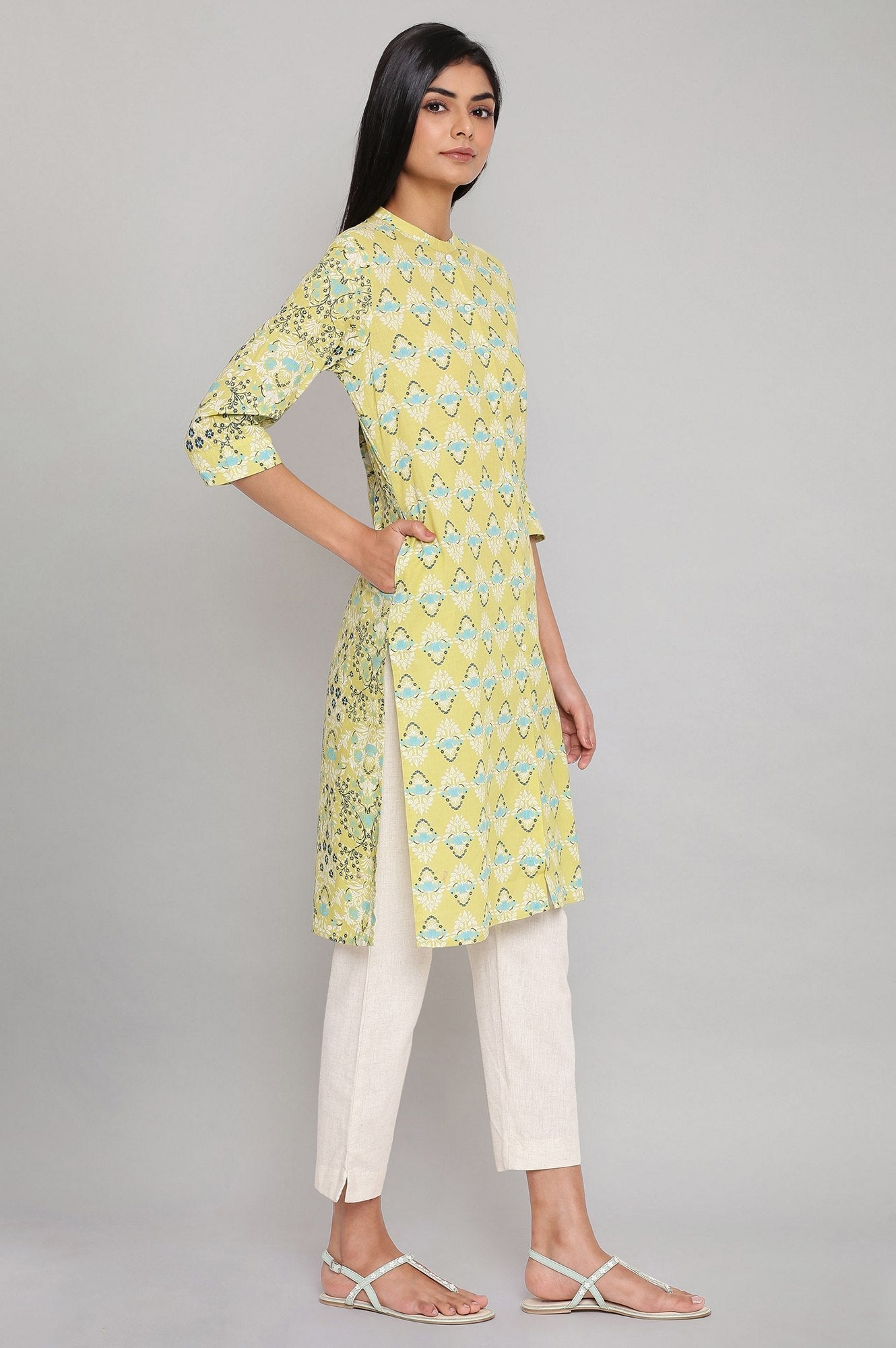 W for Woman Green Printed Button Down kurta