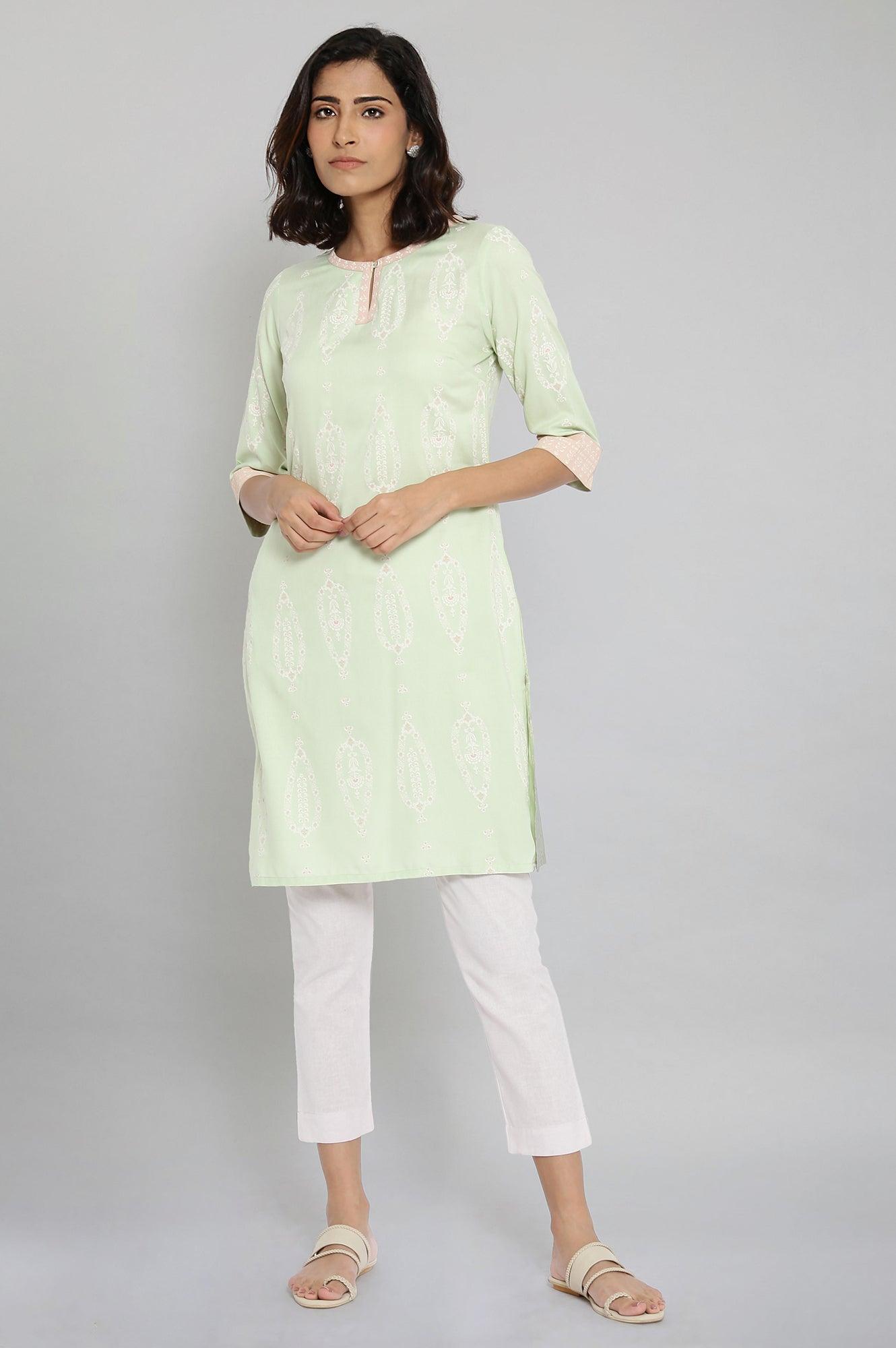 W for Woman Tea Green Printed kurta