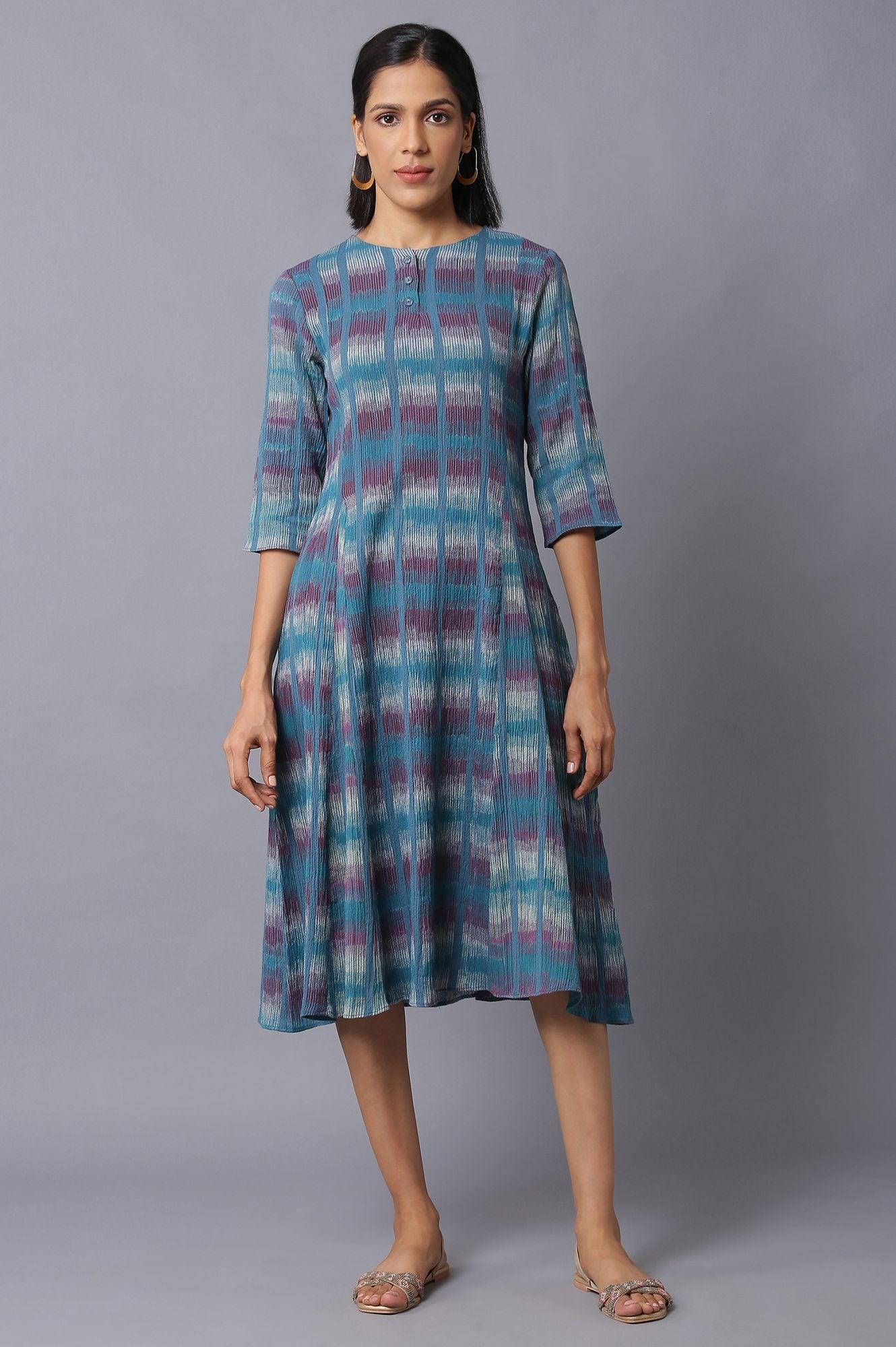 W for Woman Teal Yarn-Dyed Godet Dress
