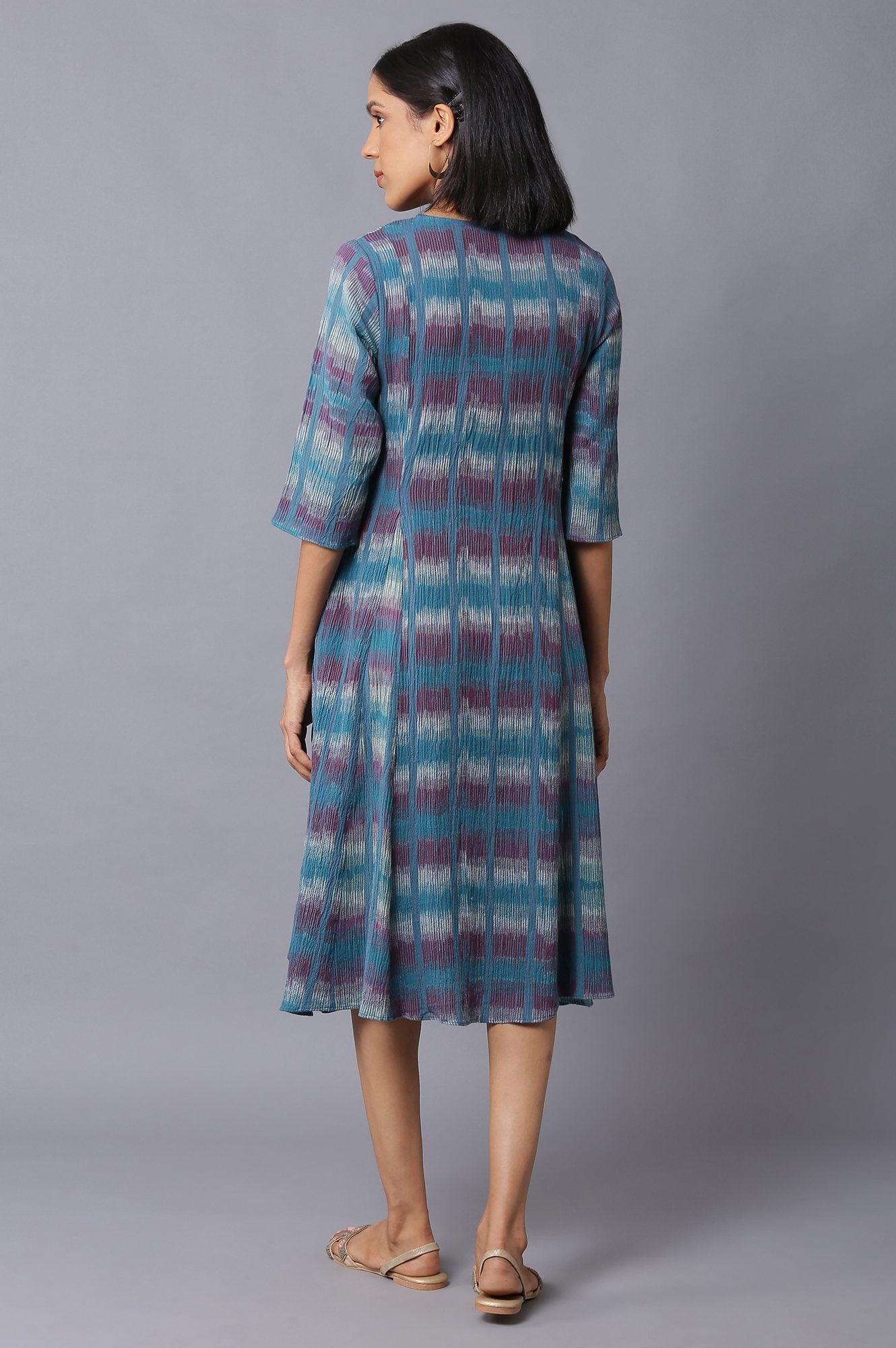 W for Woman Teal Yarn-Dyed Godet Dress