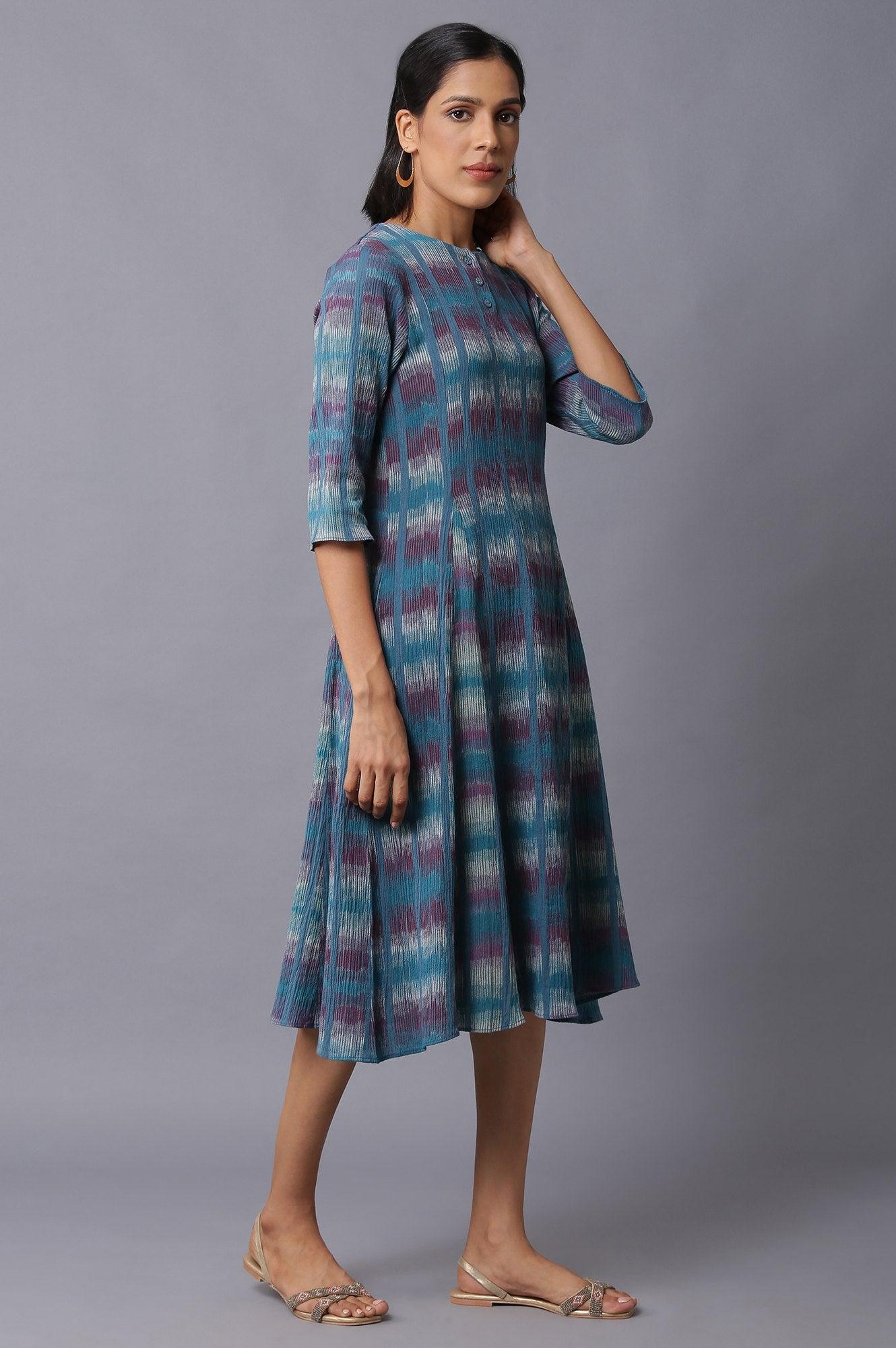 W for Woman Teal Yarn-Dyed Godet Dress
