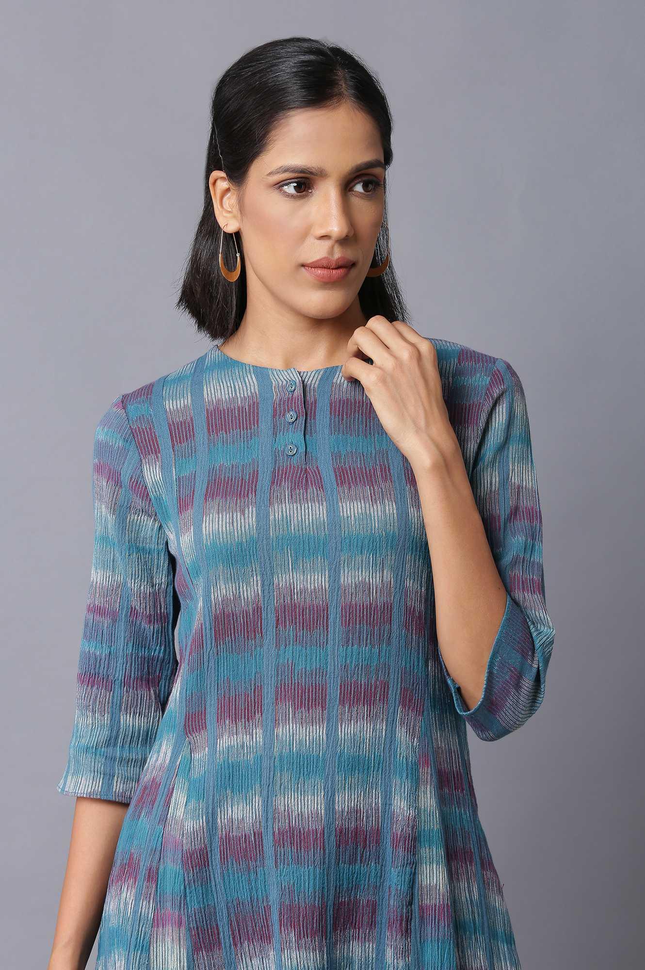 W for Woman Teal Yarn-Dyed Godet Dress