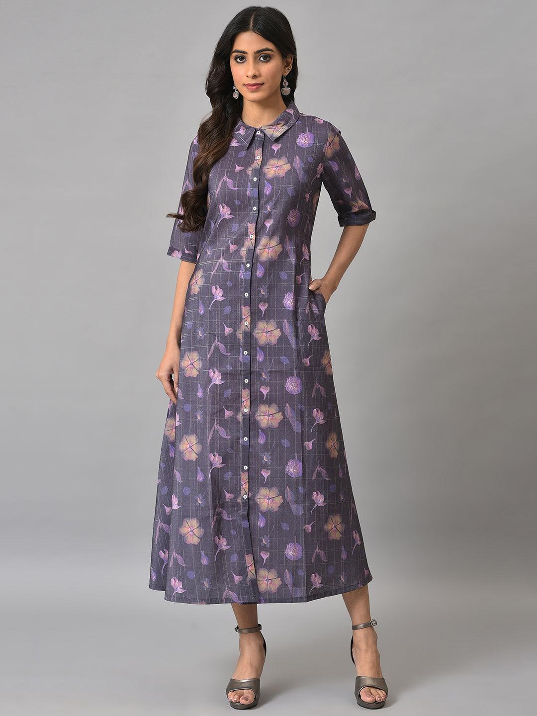 W for Woman Purple Floral Printed Shirt Dress