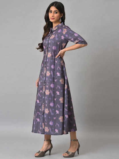 W for Woman Purple Floral Printed Shirt Dress