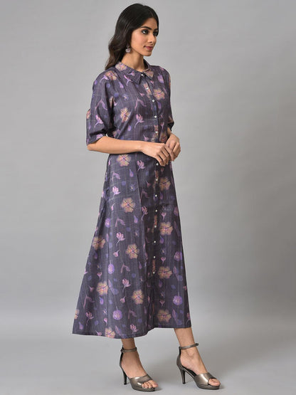 W for Woman Purple Floral Printed Shirt Dress