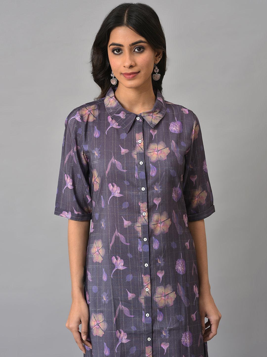 W for Woman Purple Floral Printed Shirt Dress