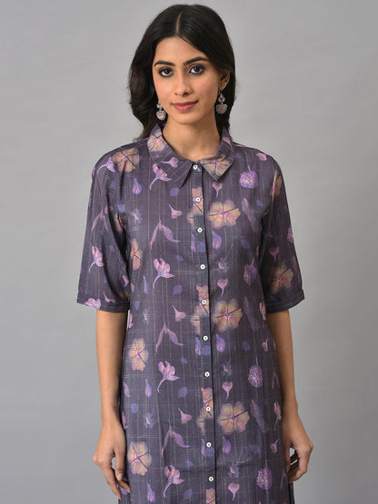 W for Woman Purple Floral Printed Shirt Dress
