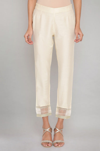 W for Woman Beige Solid Slim Pants With Embroidered Organza Panel