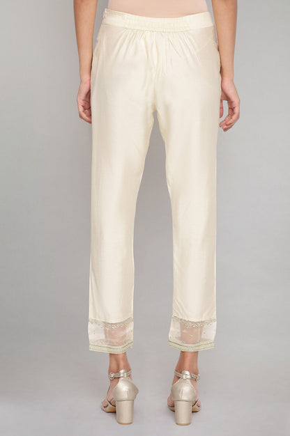 W for Woman Beige Solid Slim Pants With Embroidered Organza Panel