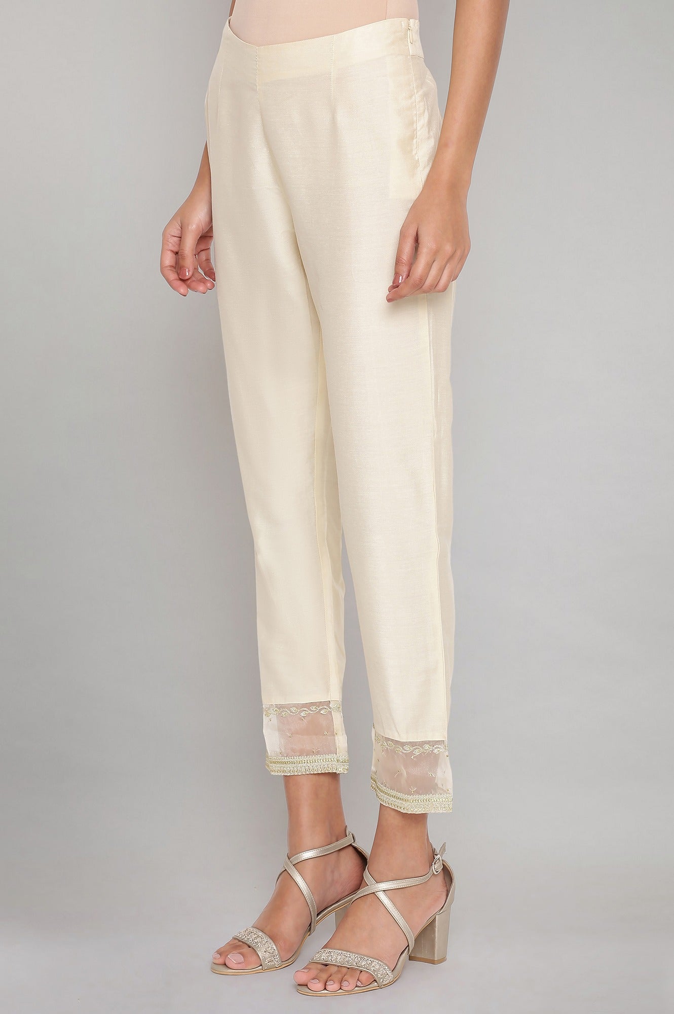 W for Woman Beige Solid Slim Pants With Embroidered Organza Panel