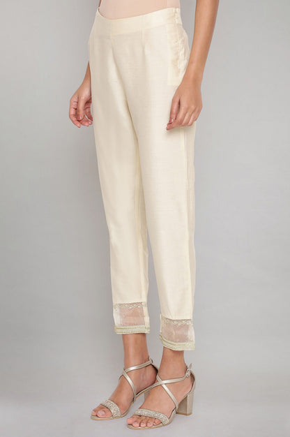 W for Woman Beige Solid Slim Pants With Embroidered Organza Panel