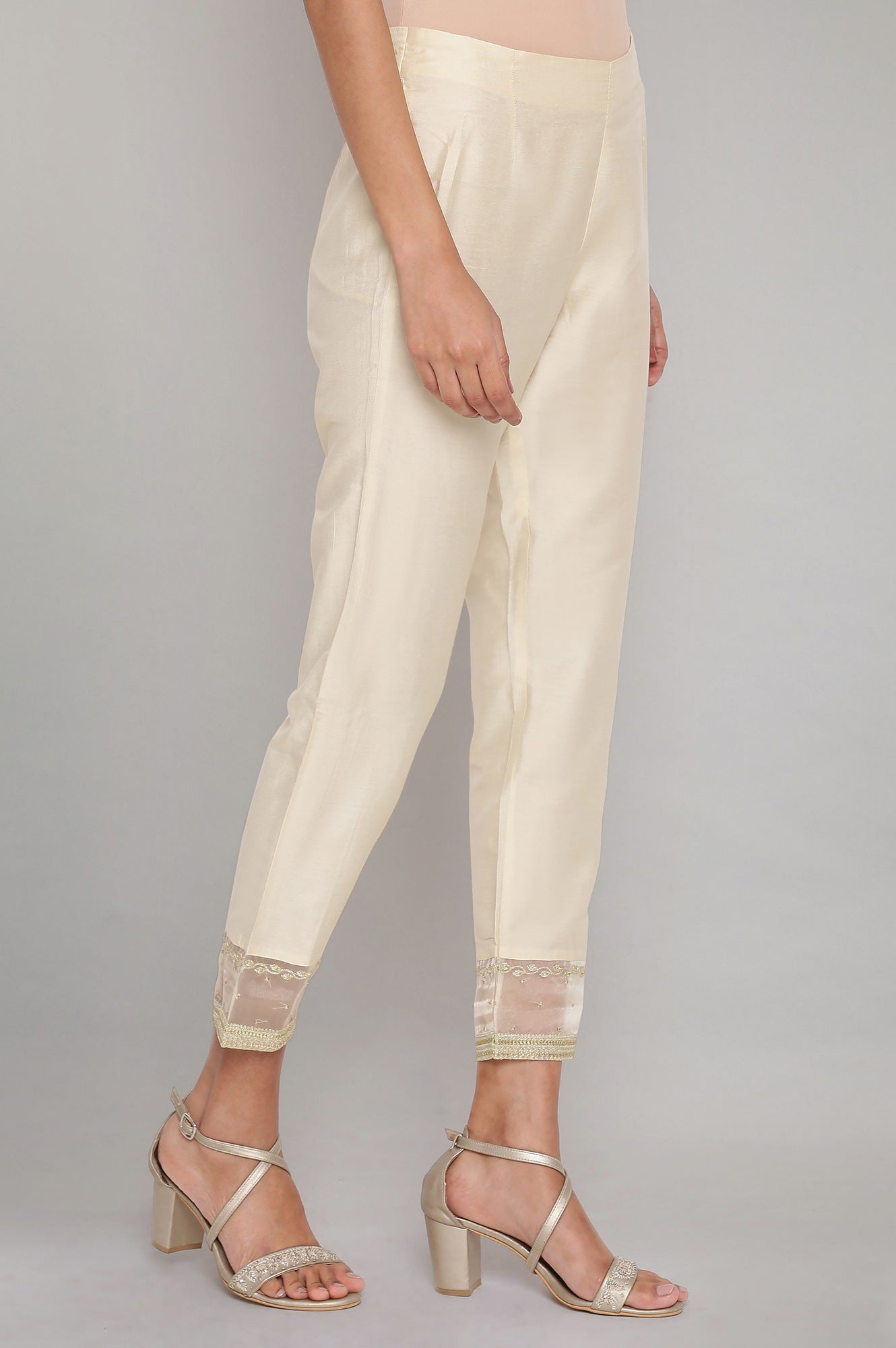 W for Woman Beige Solid Slim Pants With Embroidered Organza Panel