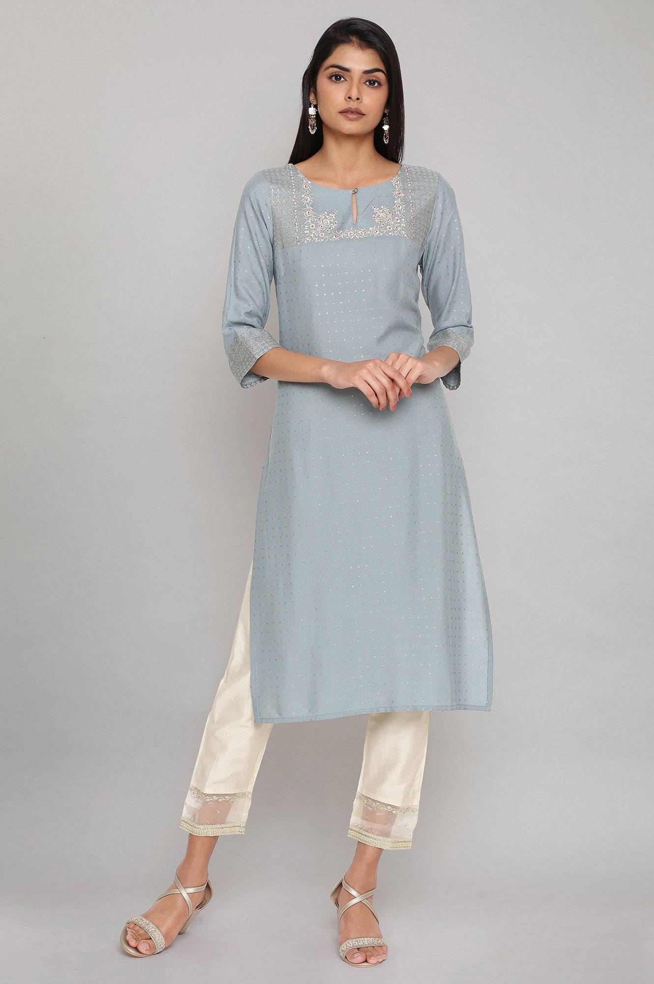 W for Woman Beige Solid Slim Pants With Embroidered Organza Panel