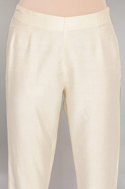 W for Woman Beige Solid Slim Pants With Embroidered Organza Panel
