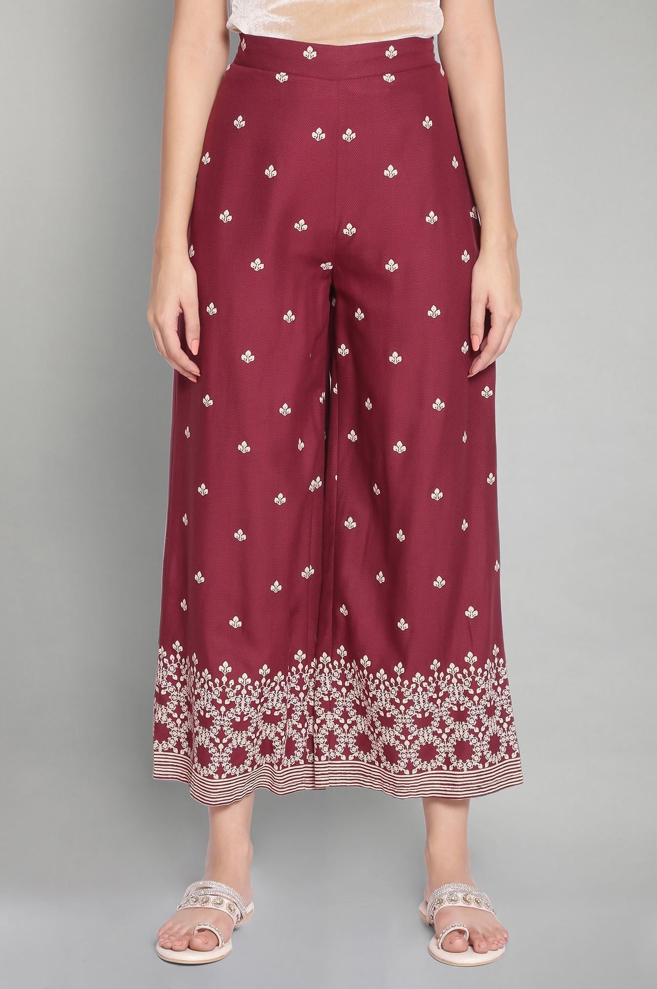 W for Woman Maroon Printed Parallel Pants