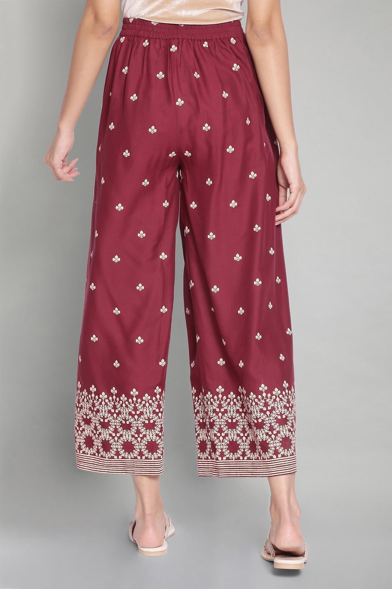 W for Woman Maroon Printed Parallel Pants