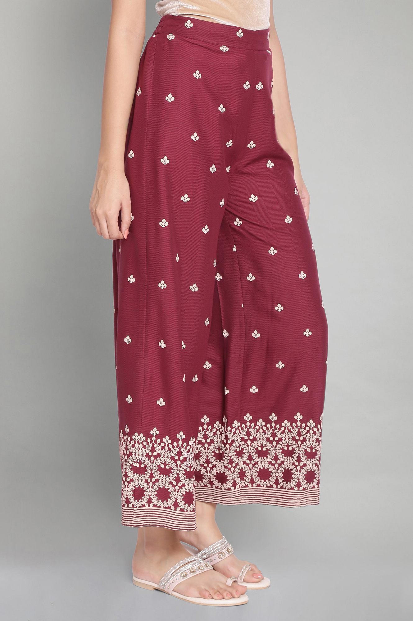 W for Woman Maroon Printed Parallel Pants
