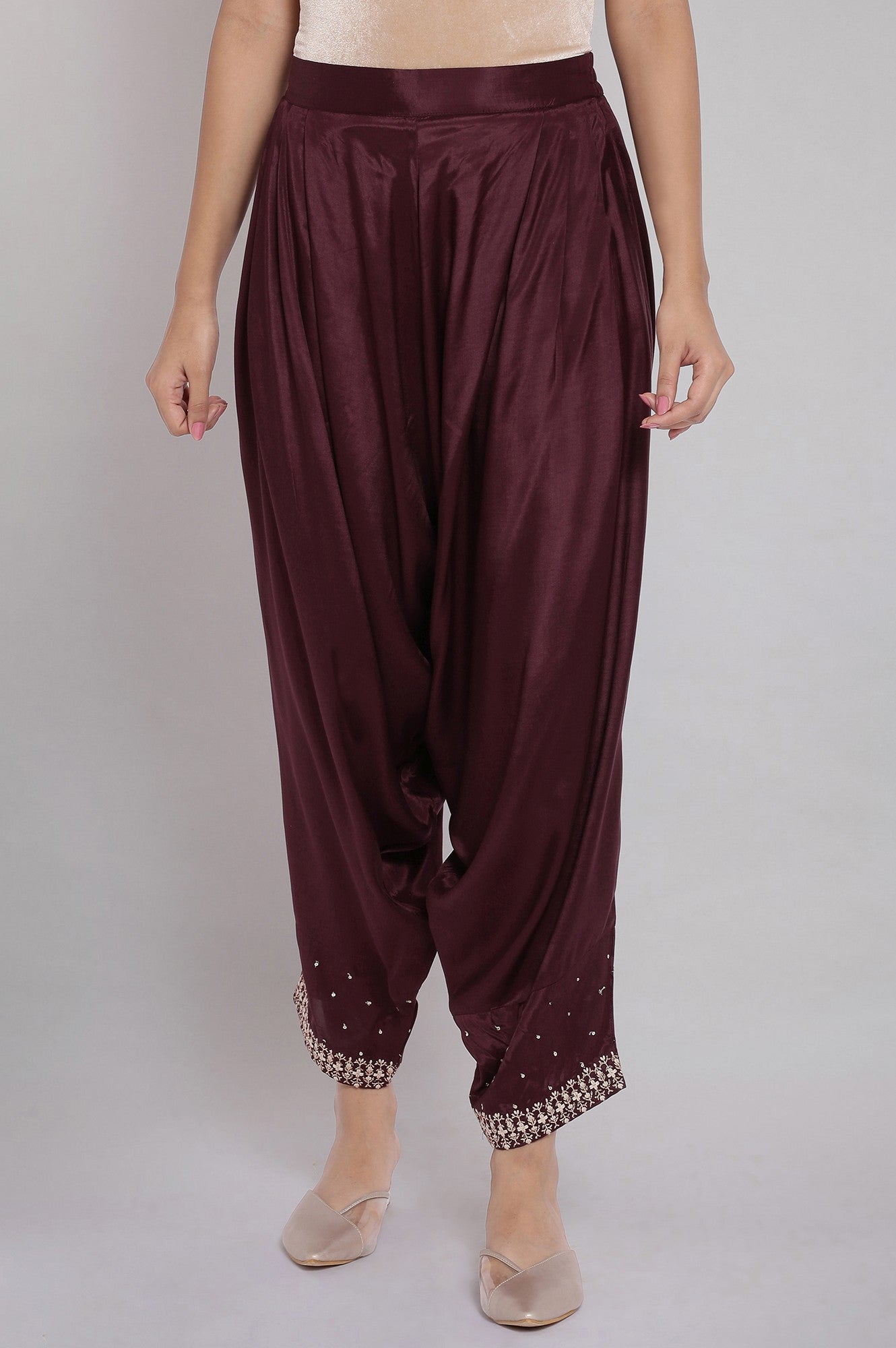W for Woman Wine Solid Draped Pants