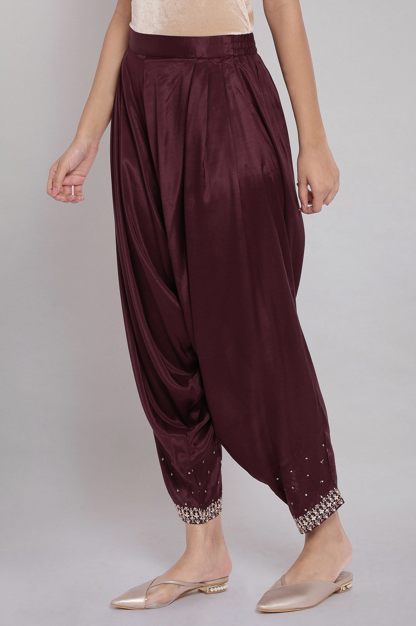 W for Woman Wine Solid Draped Pants