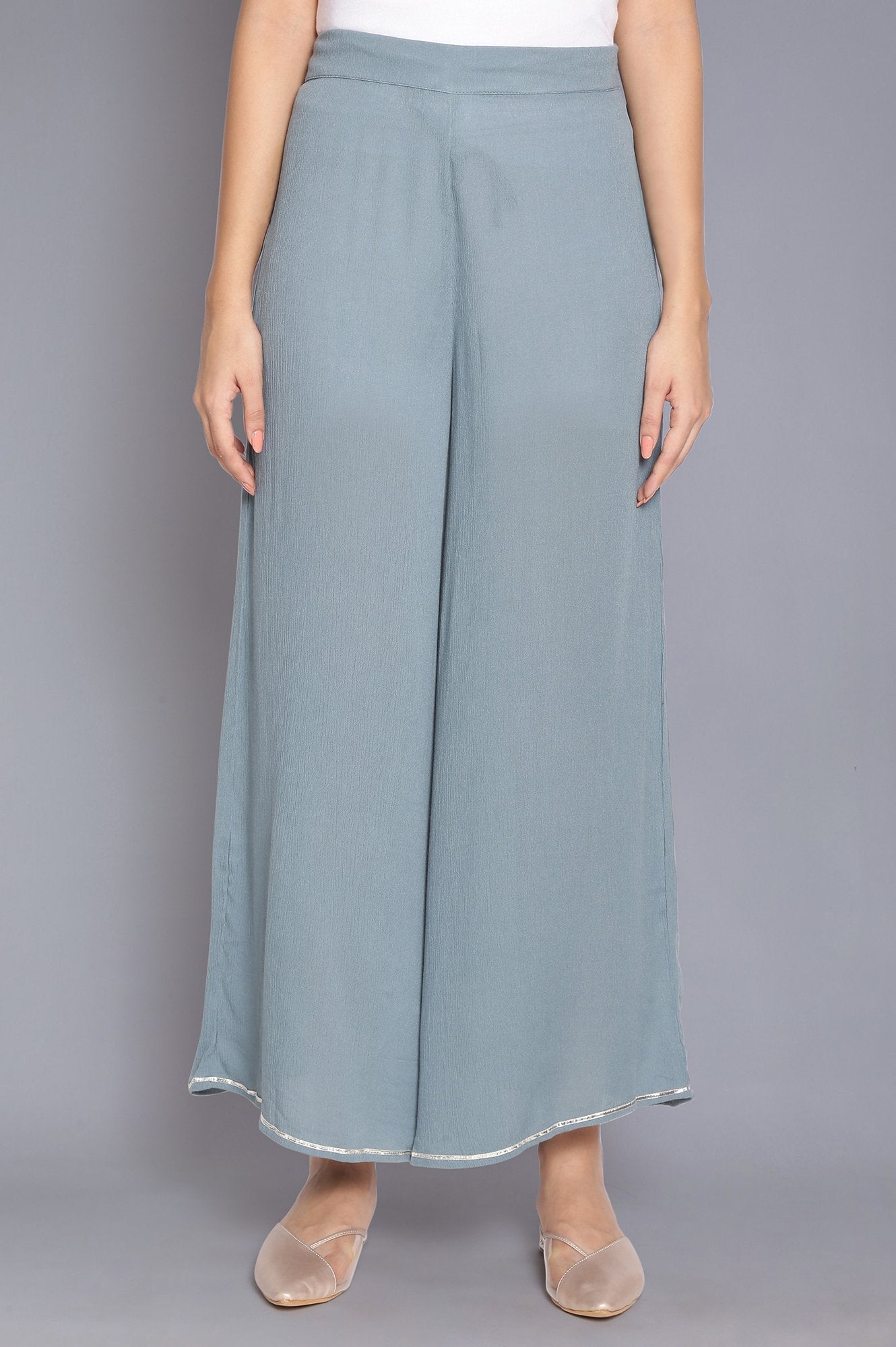 W for Woman Stone Blue Crinkled Flared Pants