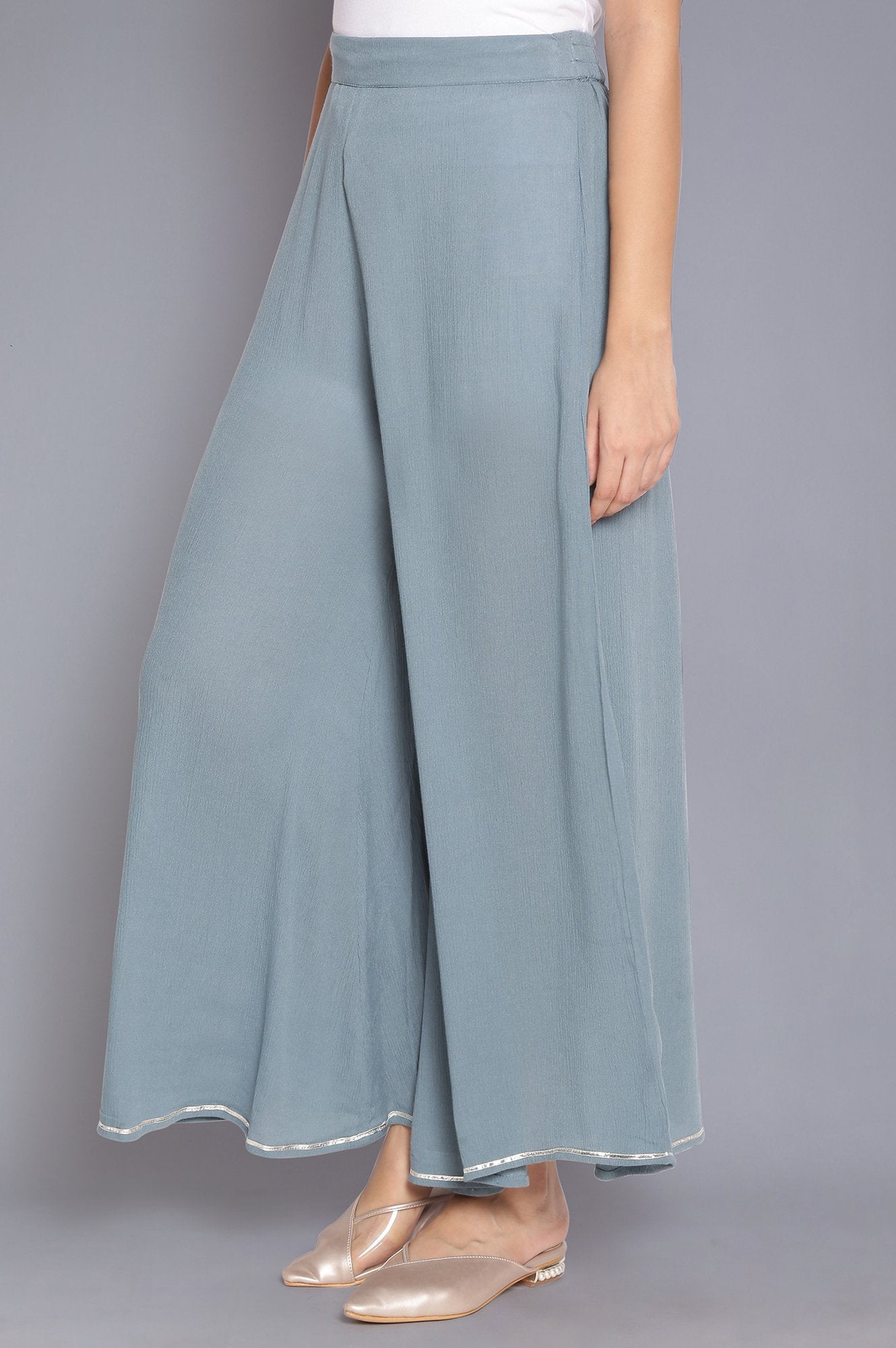 W for Woman Stone Blue Crinkled Flared Pants