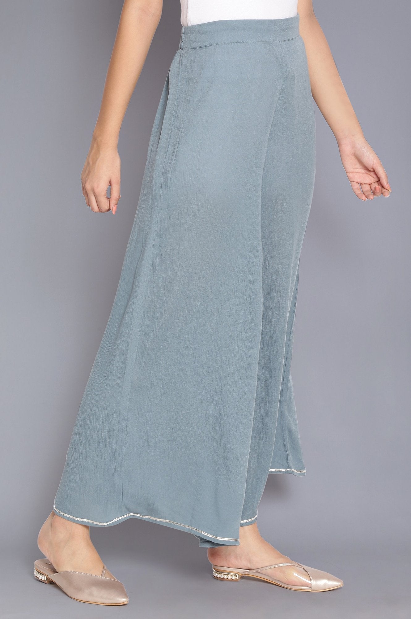 W for Woman Stone Blue Crinkled Flared Pants