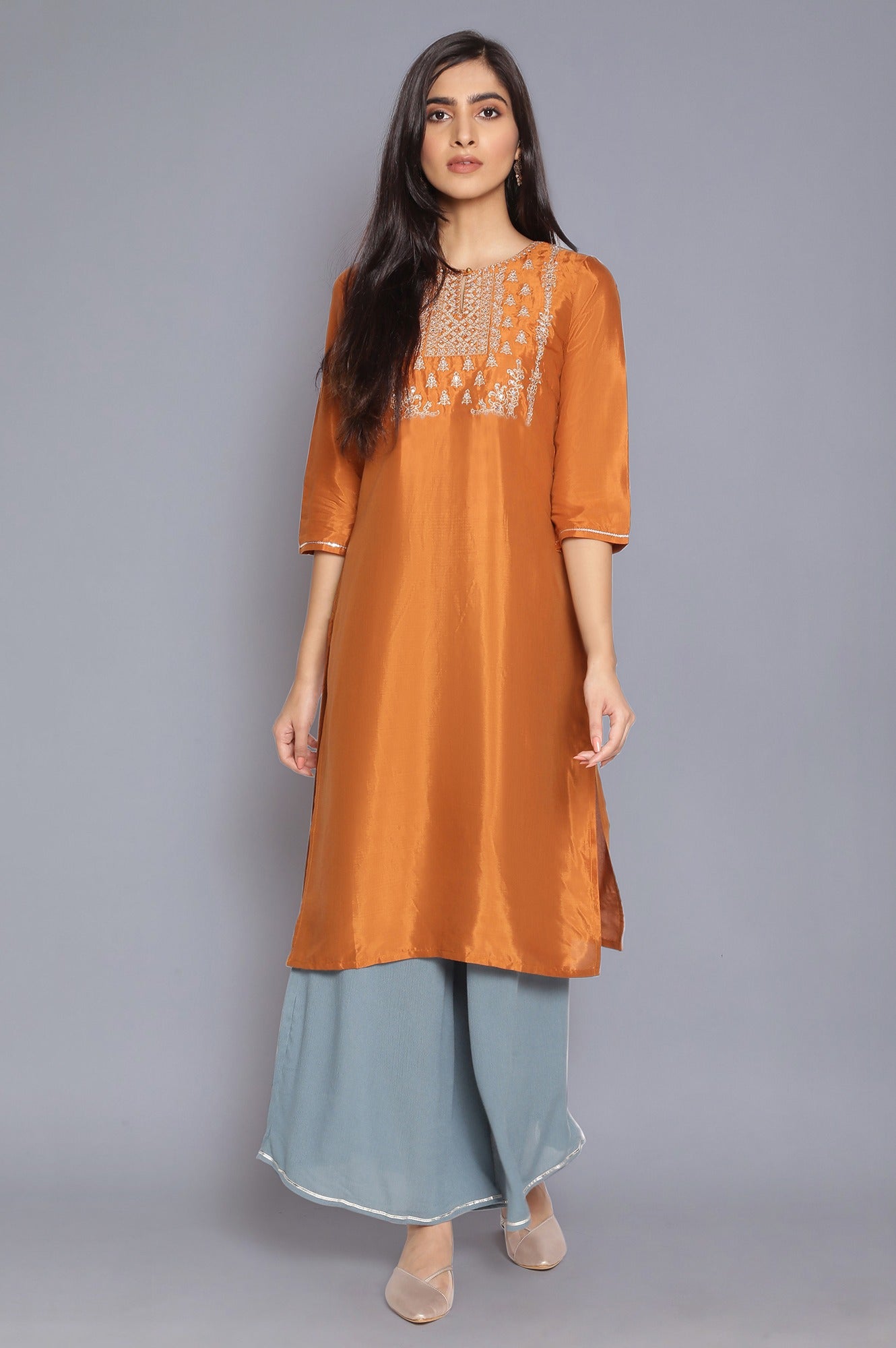 W for Woman Stone Blue Crinkled Flared Pants