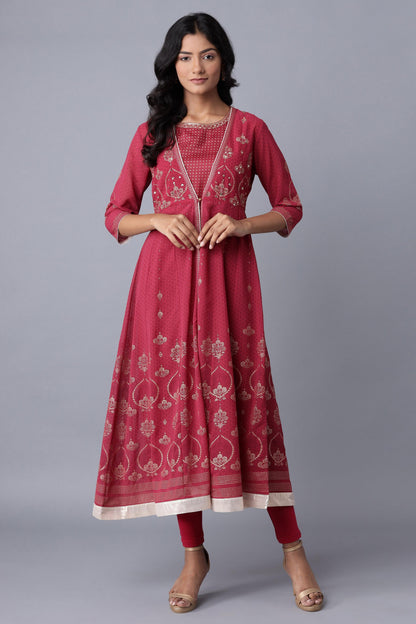 W for Woman Wine Layered kurta-Solid Tights Set