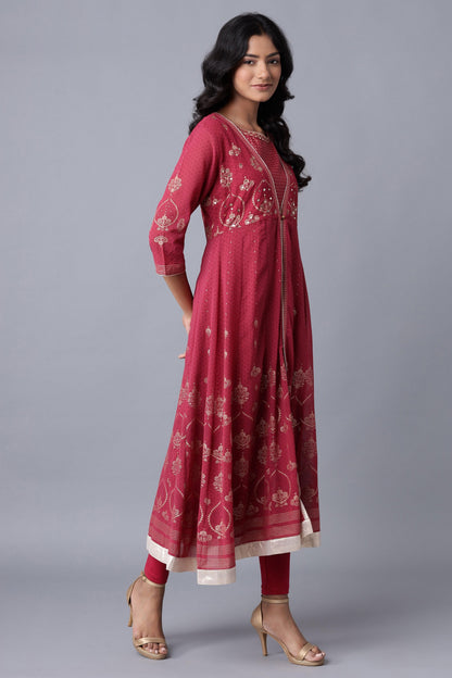 W for Woman Wine Layered kurta-Solid Tights Set
