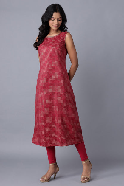 W for Woman Wine Layered kurta-Solid Tights Set