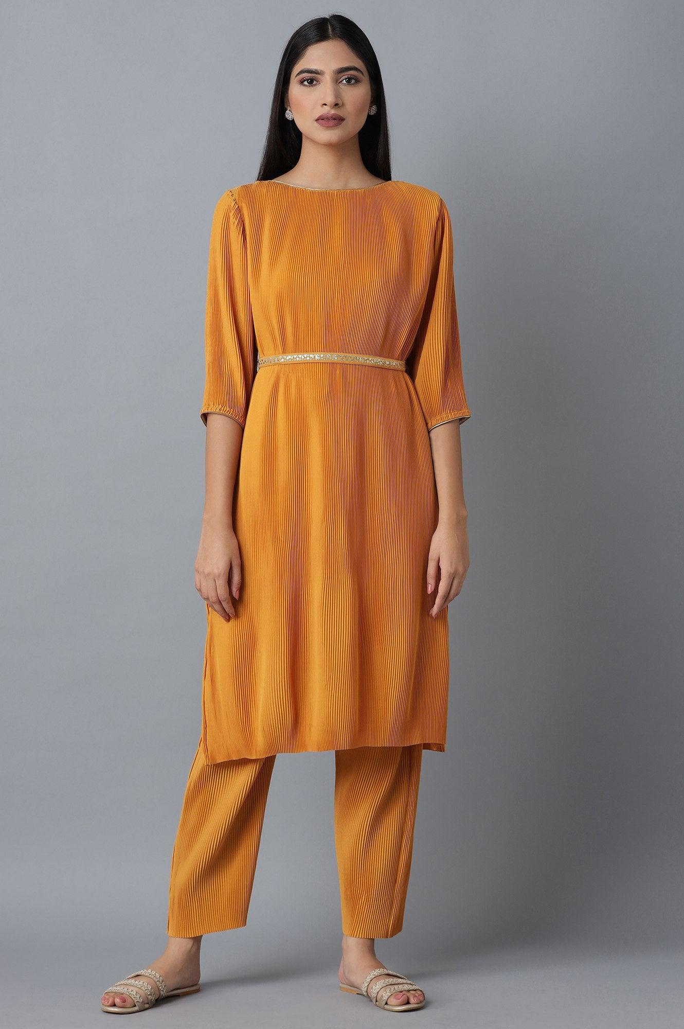 W for Woman Orange Pleated kurta-Slim Pants Set