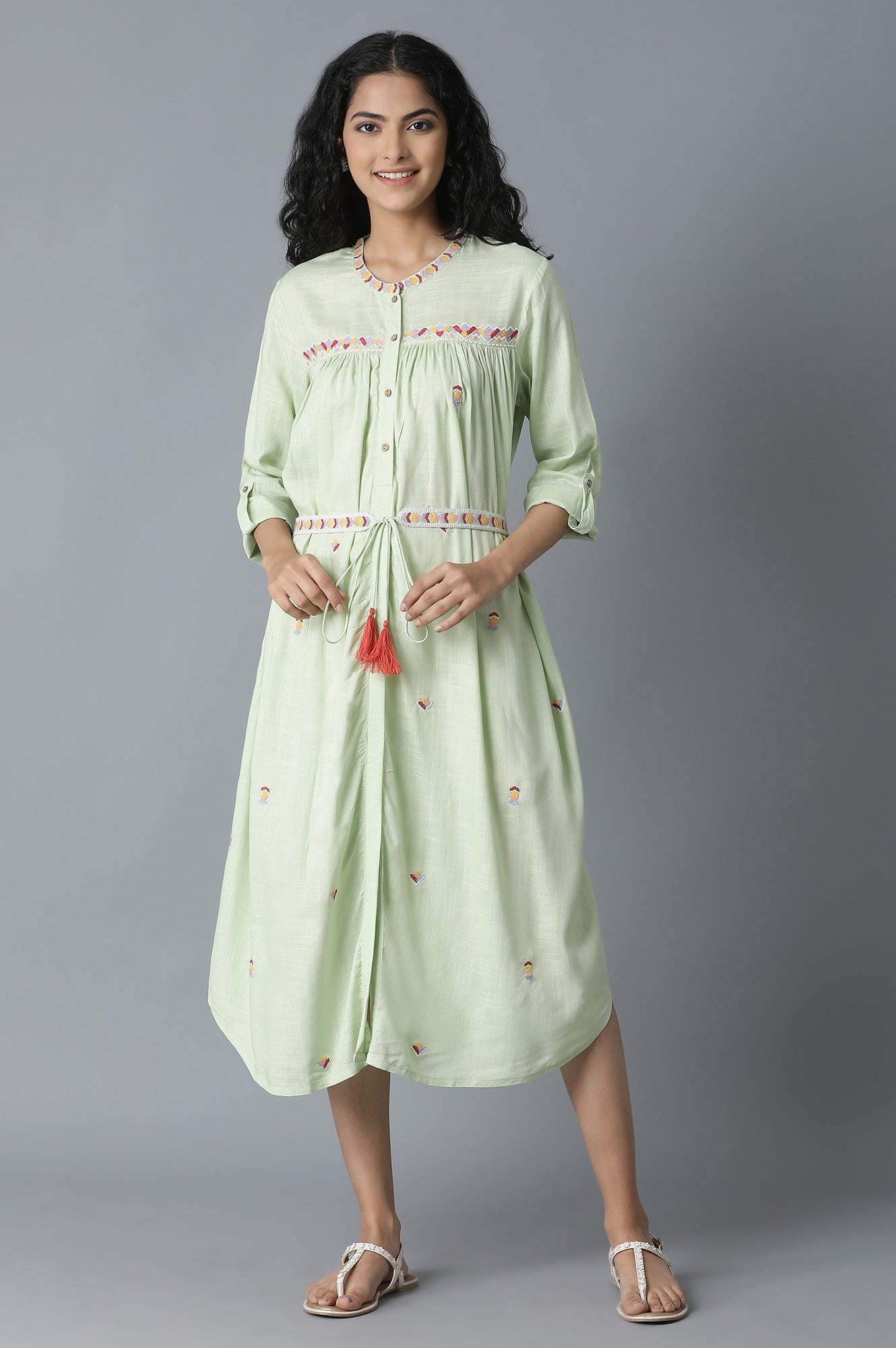 W for Woman Pista Green Gathered Shirt Dress