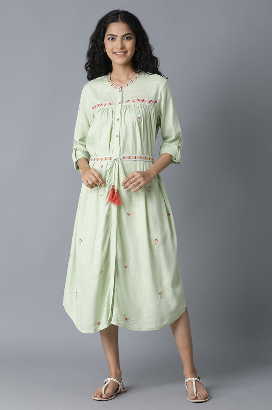 W for Woman Pista Green Gathered Shirt Dress