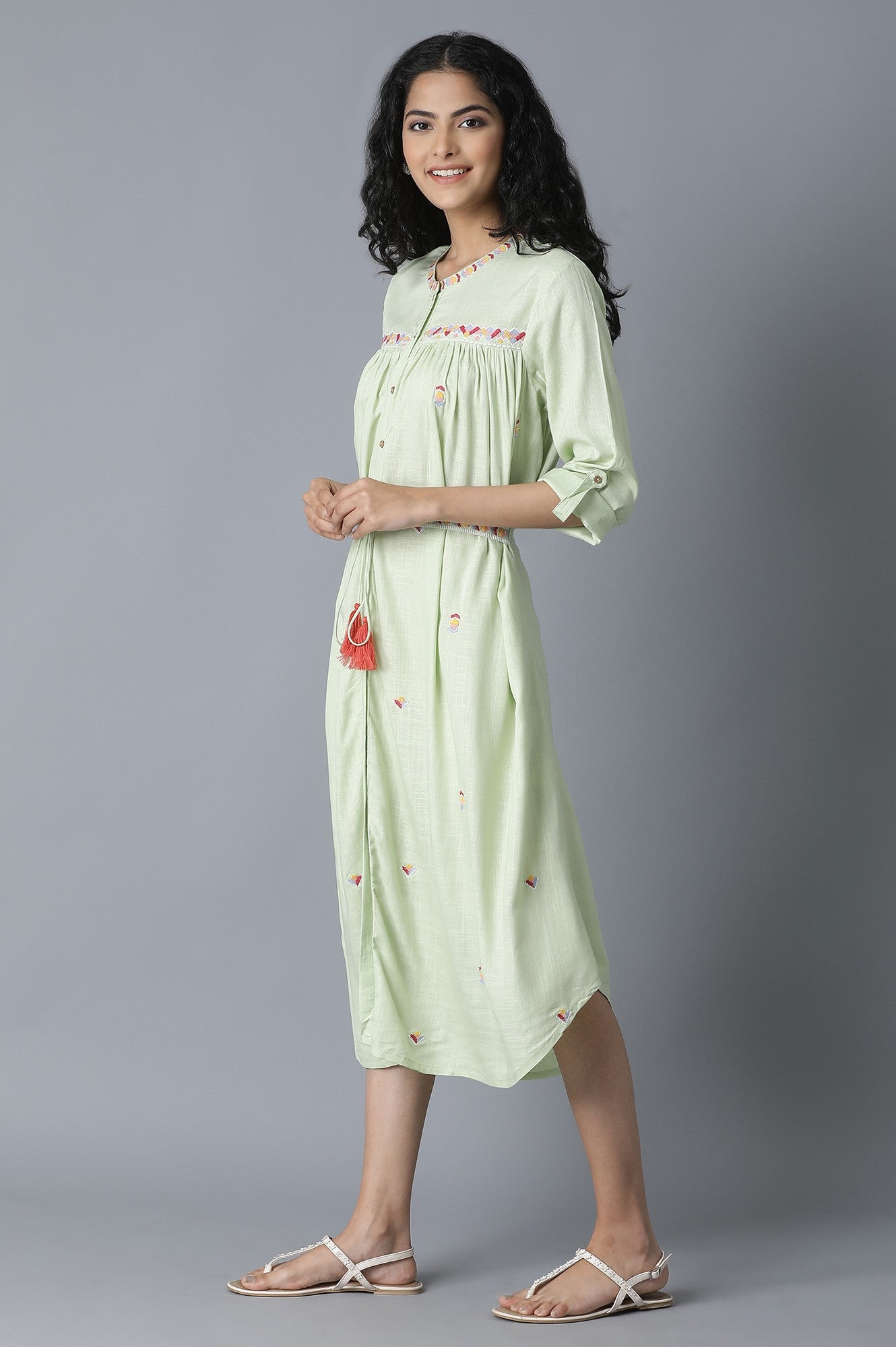 W for Woman Pista Green Gathered Shirt Dress