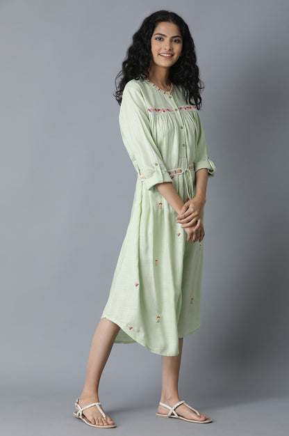 W for Woman Pista Green Gathered Shirt Dress
